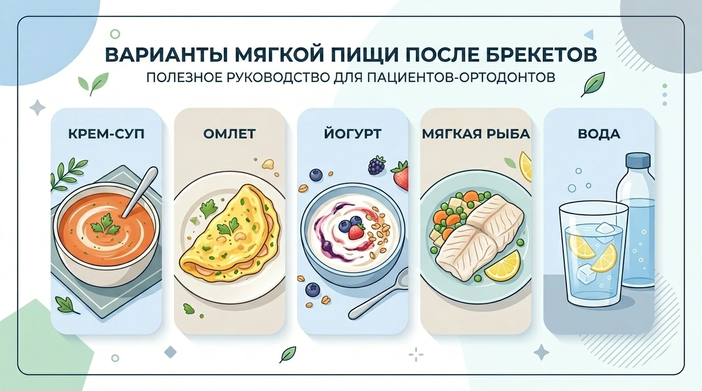 Инфографика с мягкой едой после активации брекетов: суп-пюре, омлет, йогурт, мягкая рыба и вода
