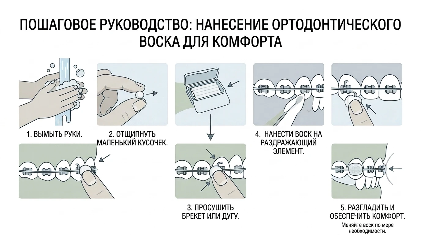 Мини-схема использования ортодонтического воска на натирающем элементе брекет-системы