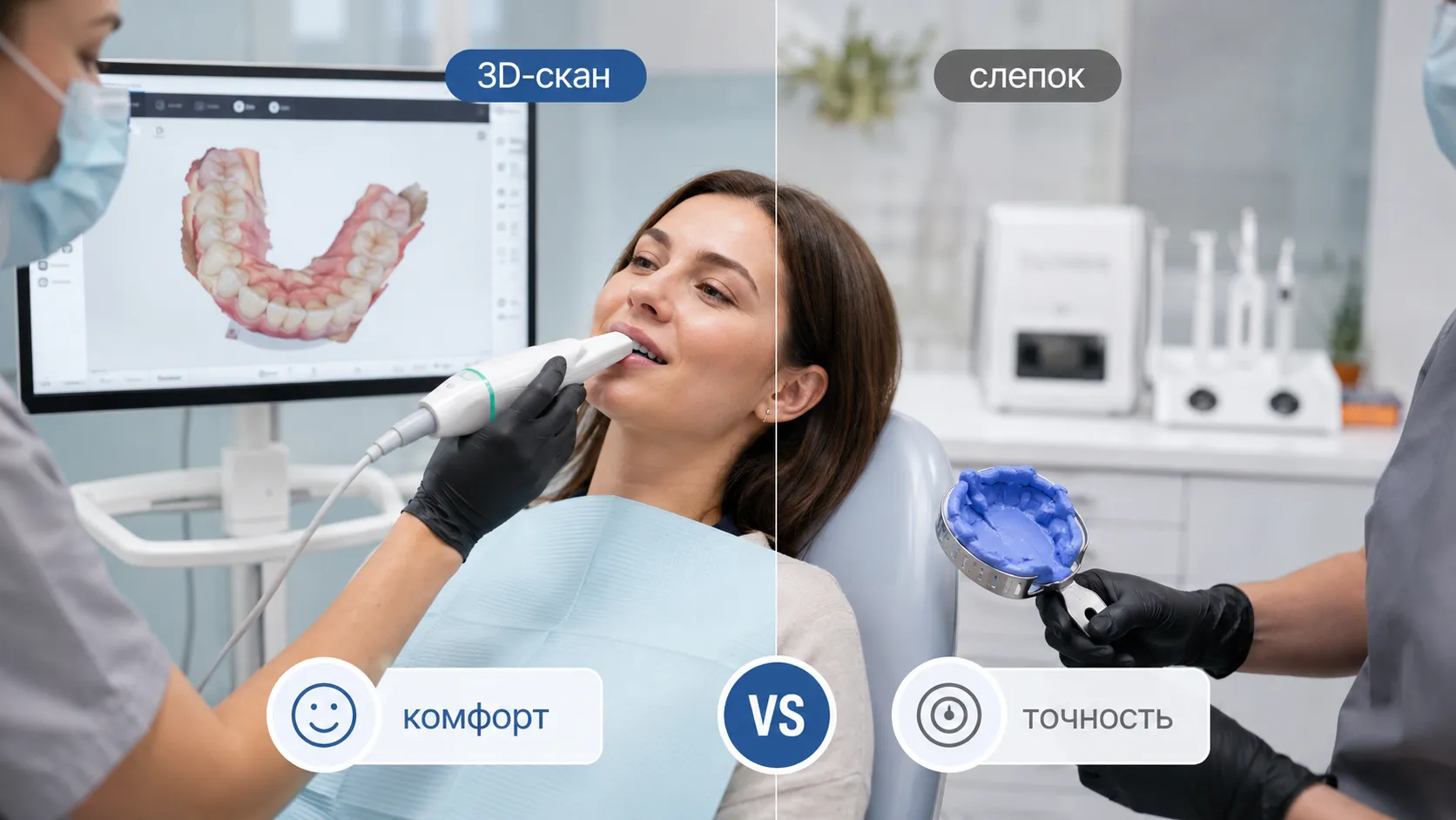 Сравнение цифрового 3D-скана и классического слепка зубов в стоматологии
