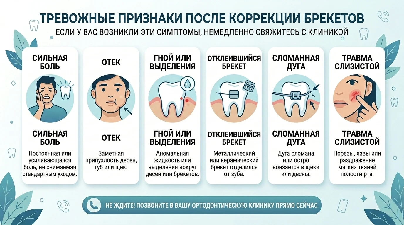 Чек-лист тревожных признаков после коррекции брекетов: сильная боль, отёк, гной, отклеенный брекет, сломанная дуга и травма слизистой