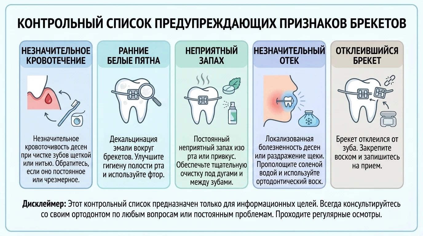 Чек-лист тревожных признаков при брекетах: кровоточивость, белые пятна, запах, отёк и отклеенный брекет