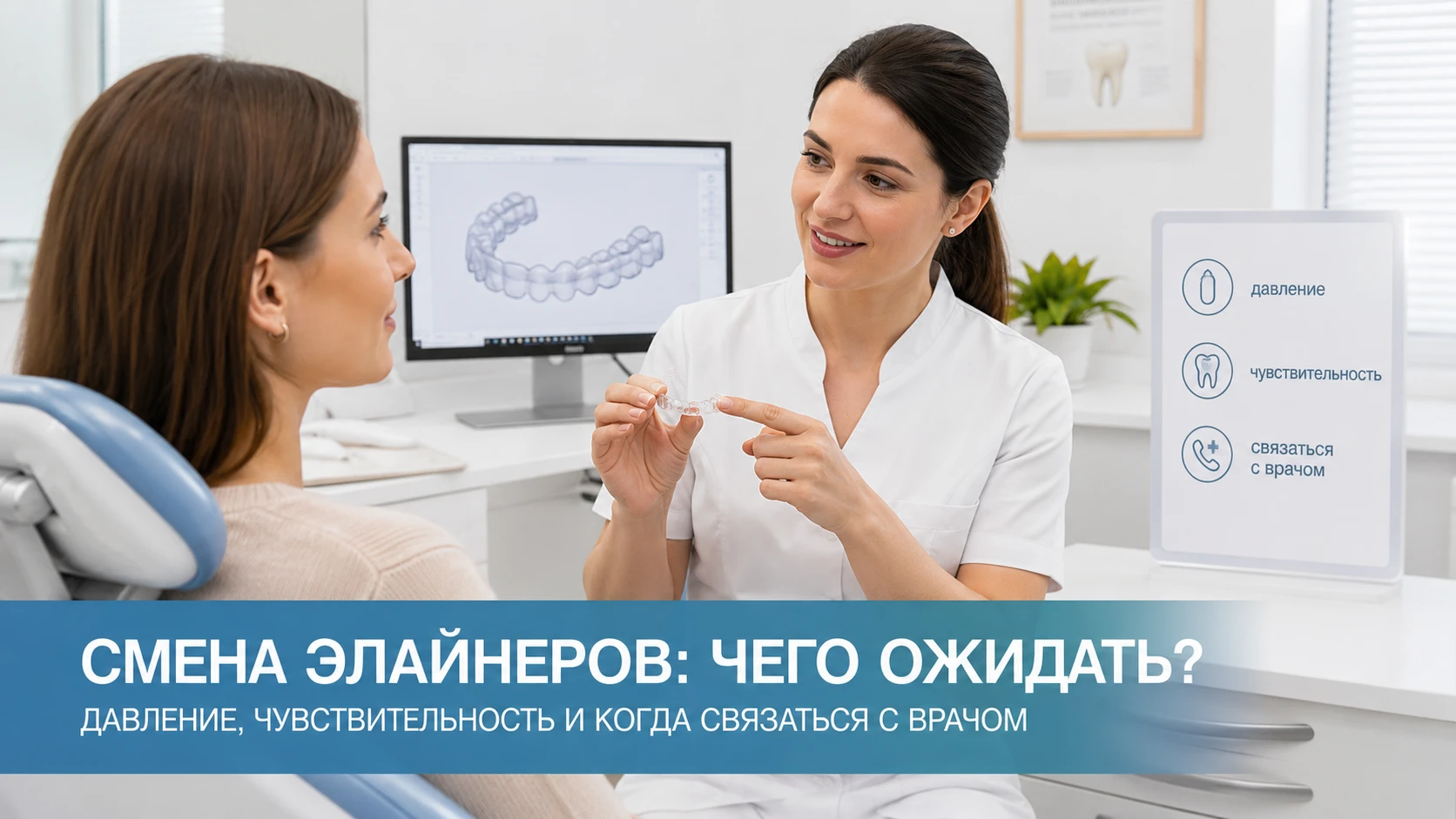 Ортодонт объясняет пациенту ощущения при смене элайнеров
