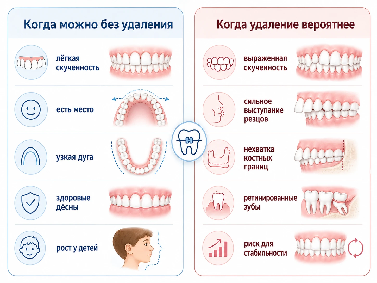 Схема когда возможно лечение без удаления зубов и когда удаление вероятнее