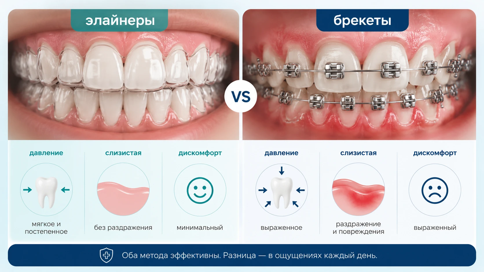 Сравнение дискомфорта при элайнерах и брекетах