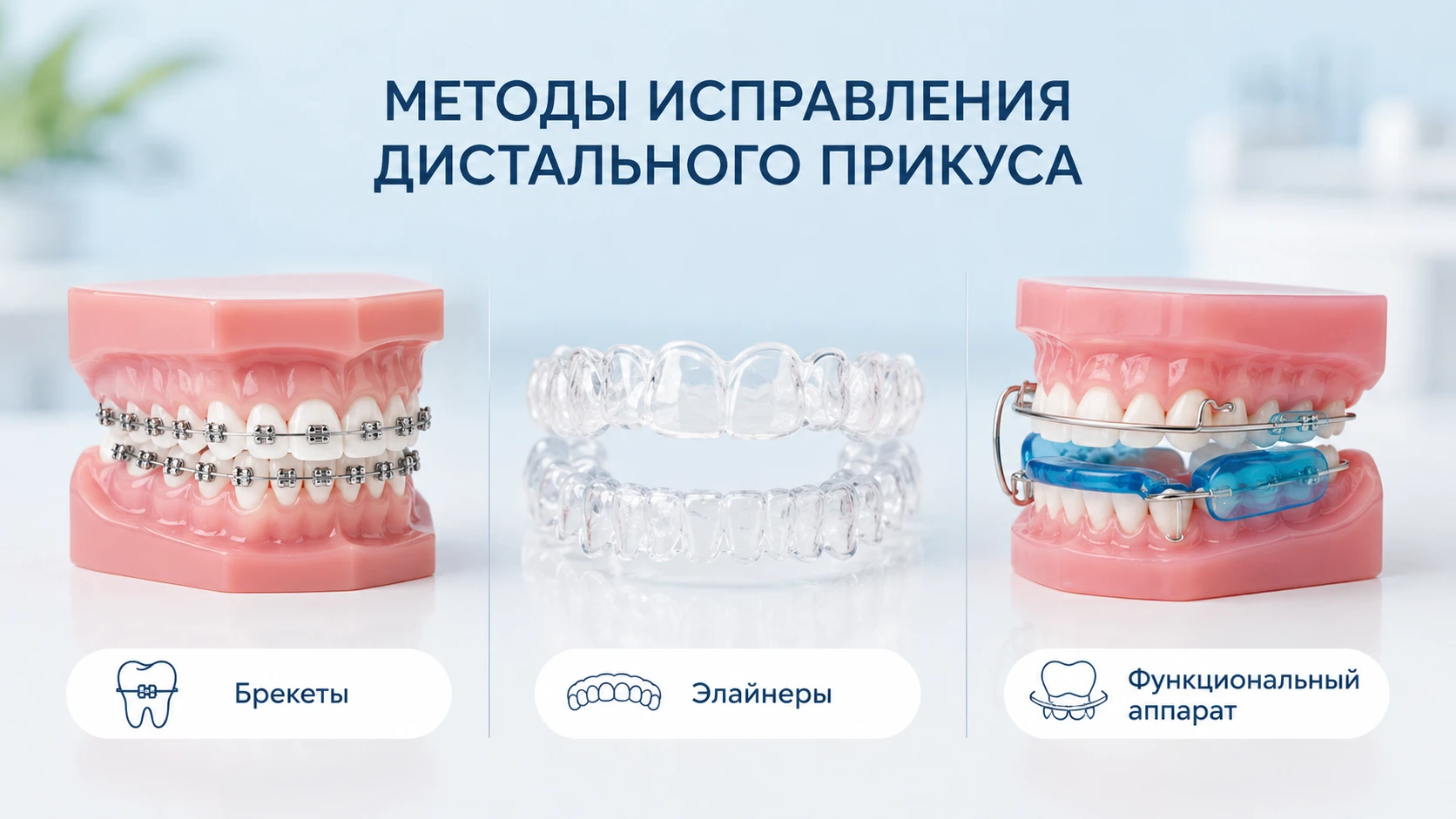 Брекеты, элайнеры и функциональный аппарат для коррекции дистального прикуса