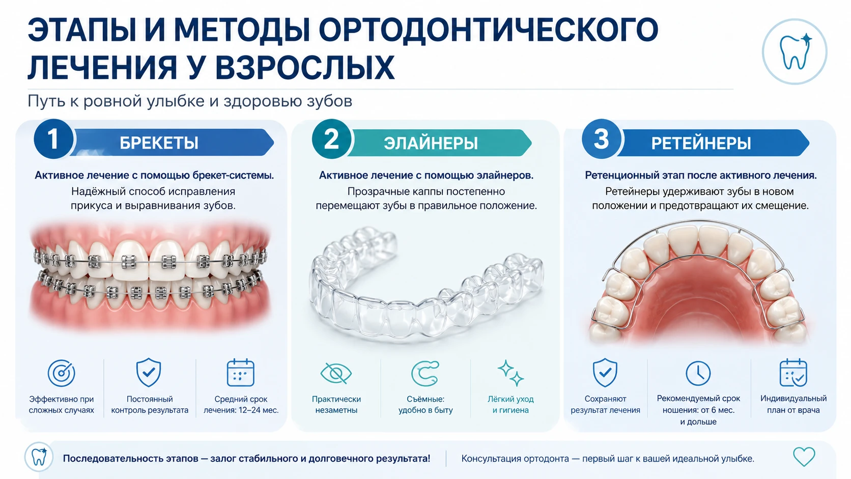 Инфографика: брекеты, элайнеры и ретейнеры как этапы исправления и удержания результата