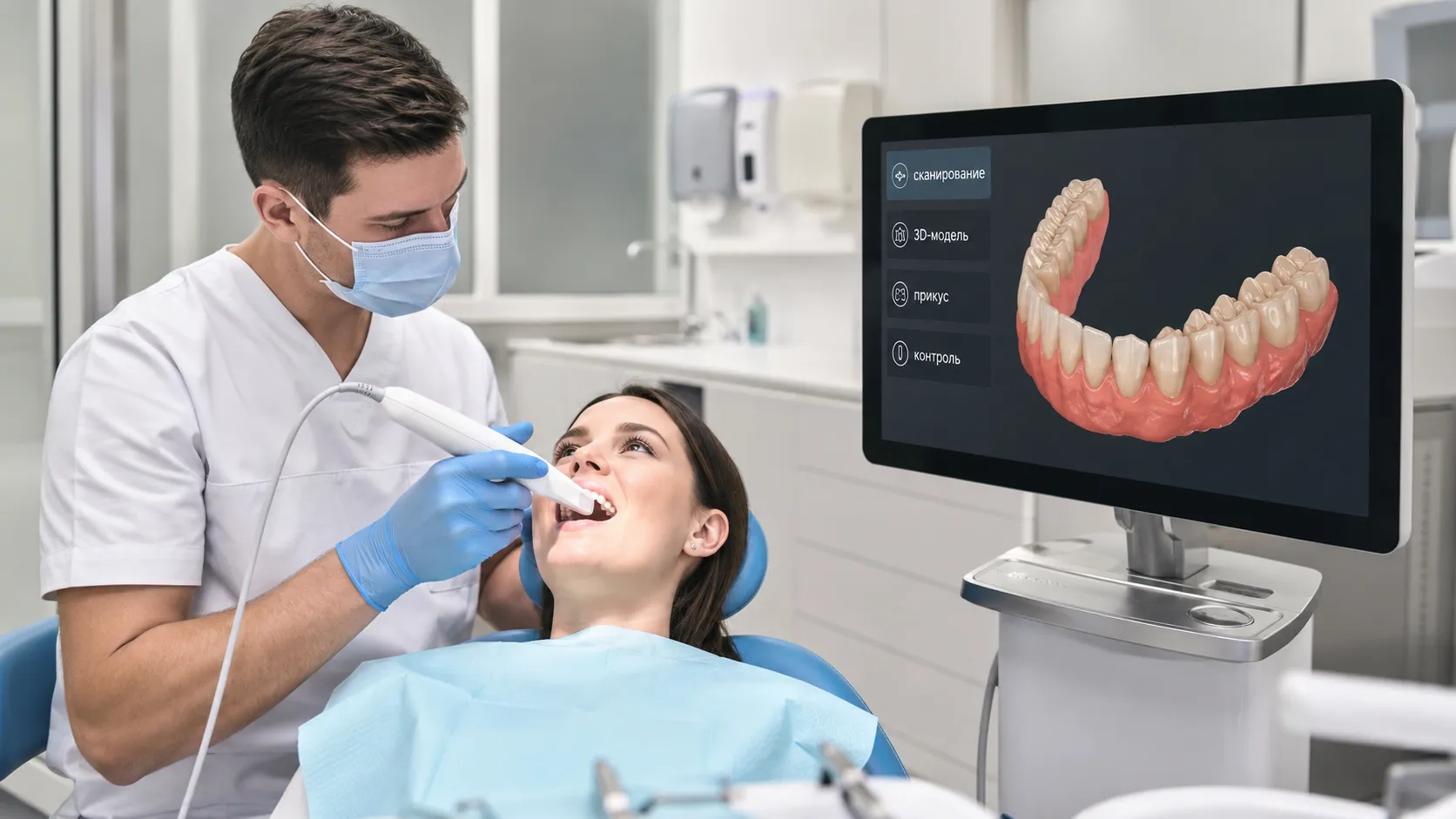 Врач показывает пациенту цифровую 3D-модель челюсти после сканирования
