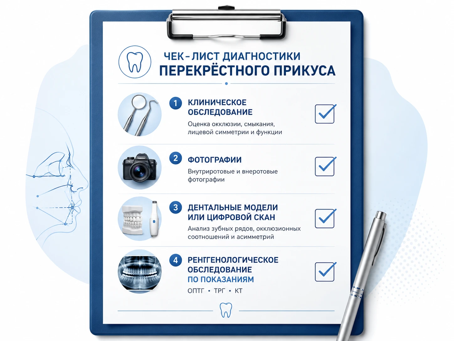 Чек-лист диагностики перекрёстного прикуса: осмотр, фото, модели, ОПТГ, ТРГ и КТ по показаниям