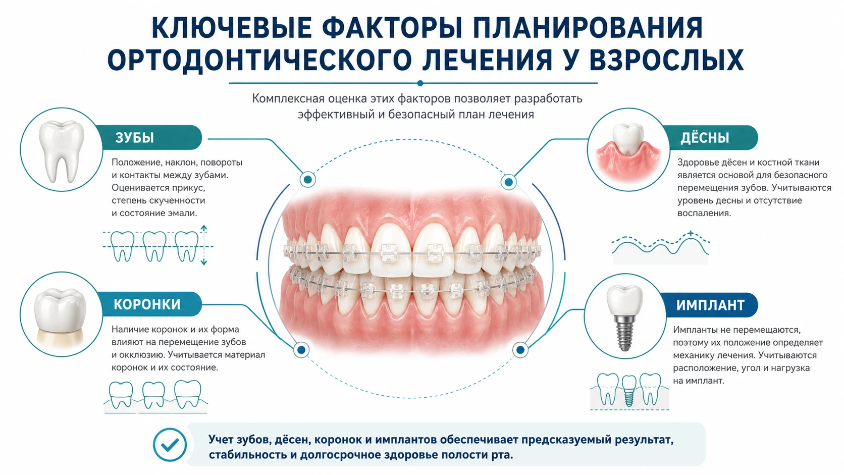 Факторы планирования ортодонтии у взрослых: зубы, дёсны, коронки и имплант