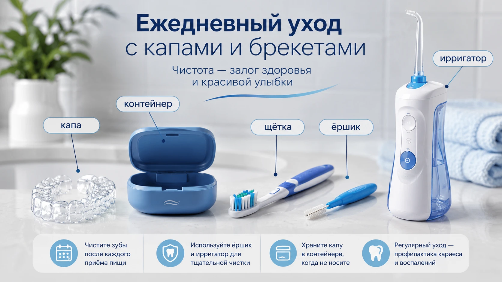 Гигиена при элайнерах и брекетах: капы, щётка, ёршик, ирригатор