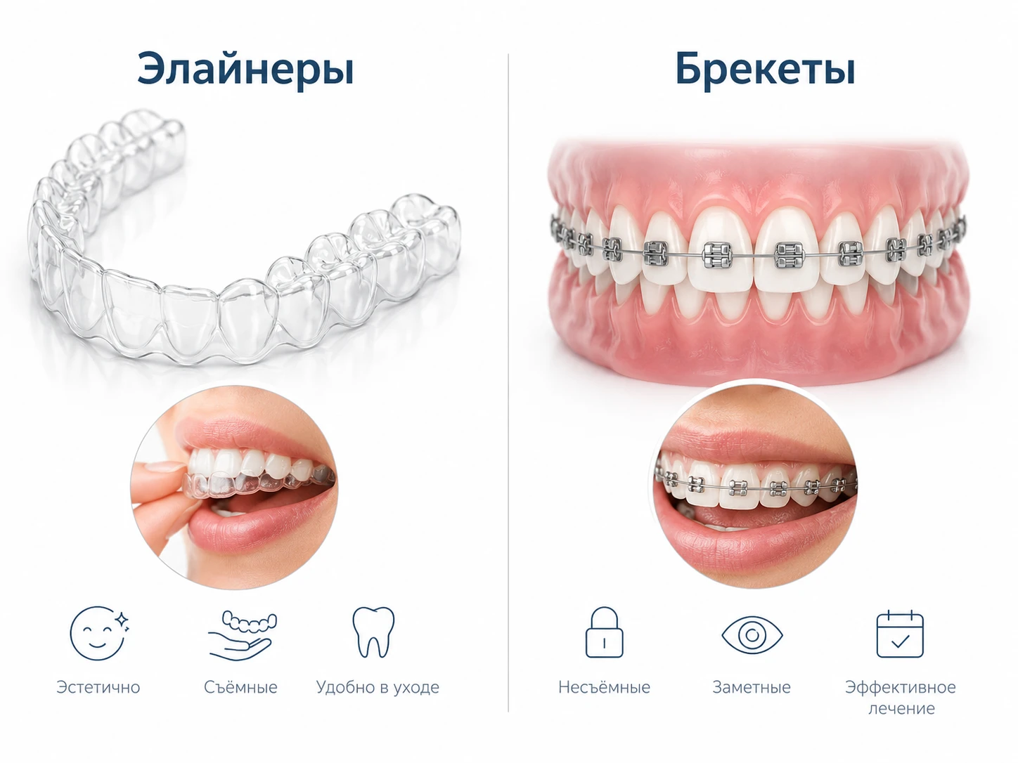Инфографика Invisalign и брекеты: съёмность, эстетика, питание, дисциплина и сложные случаи