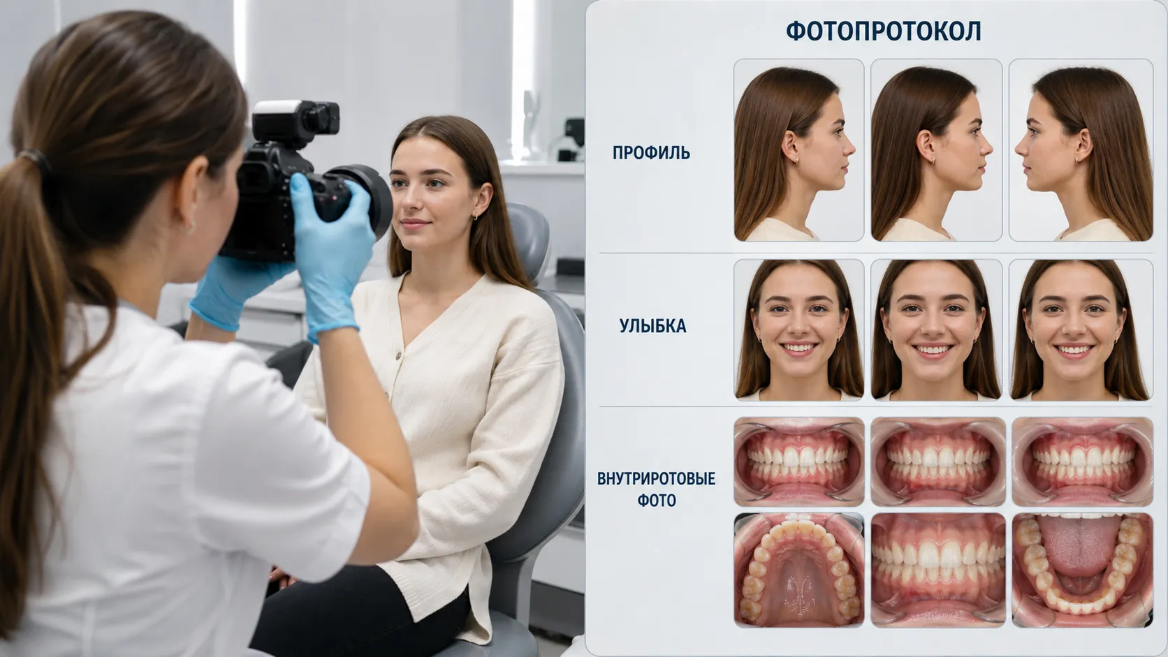 Врач делает фотопротокол в ортодонтии: лицо, улыбка, профиль и внутриротовые фото