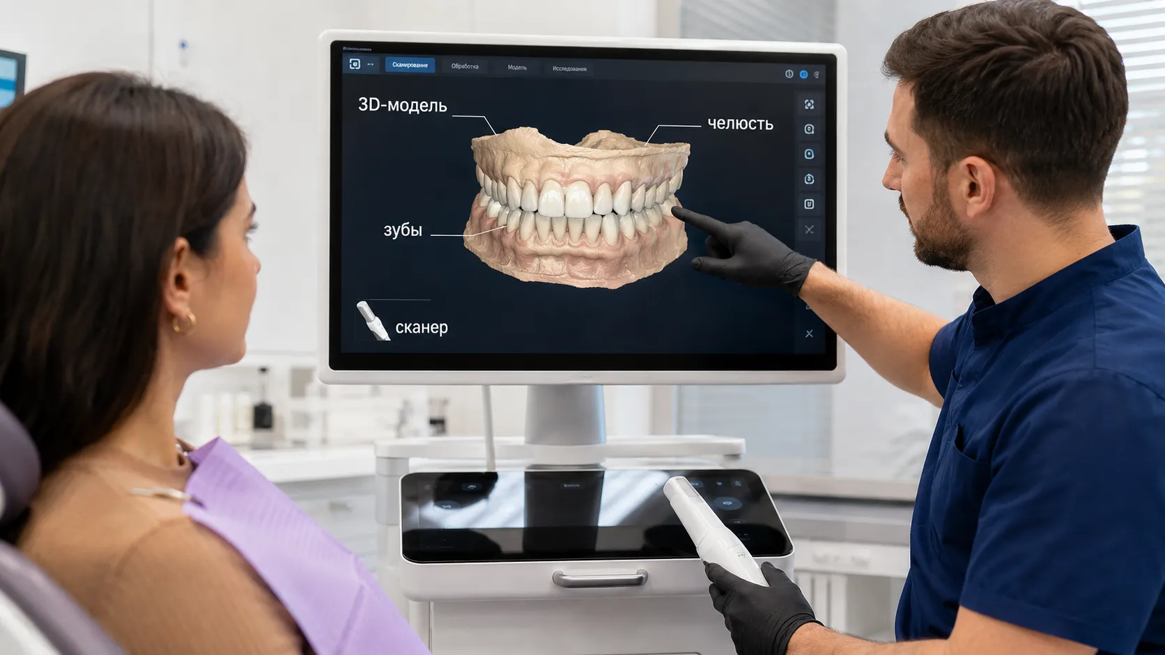 Врач показывает пациенту 3D-сканирование зубов на экране и цифровую модель челюсти
