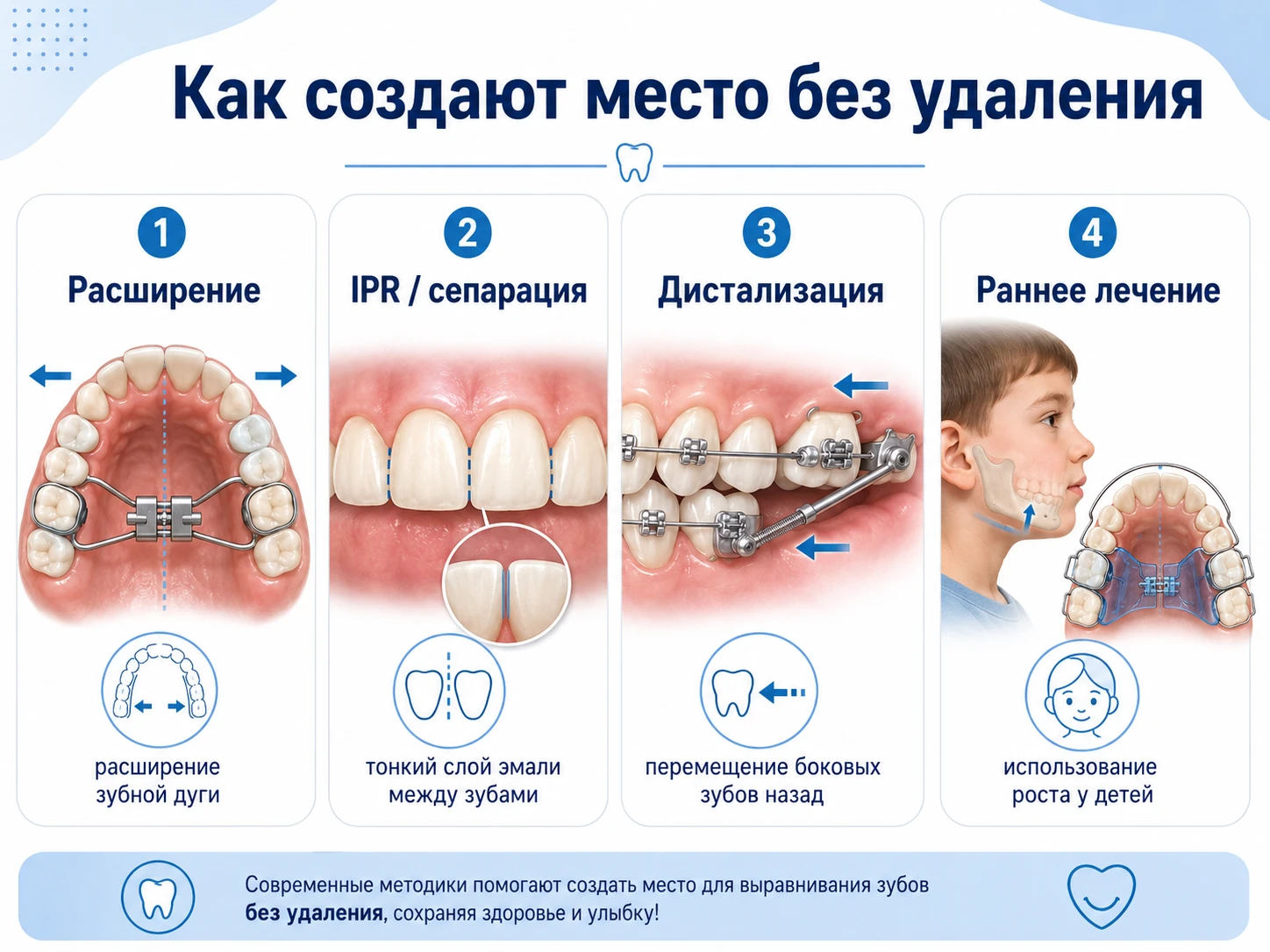 Инфографика методов создания места без удаления зубов