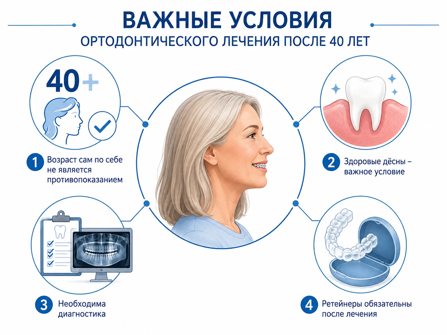 Инфографика: возраст не противопоказание, важны дёсны, нужна диагностика, ретейнеры обязательны