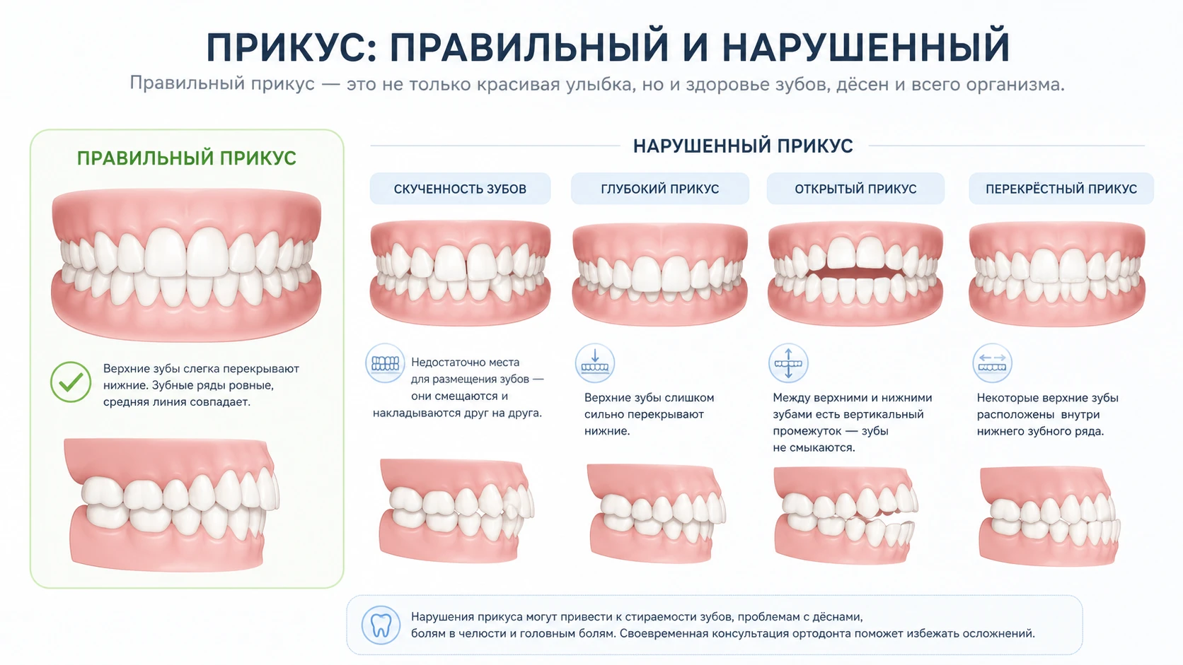 Схема правильного и нарушенного прикуса для объяснения задач ортодонтии