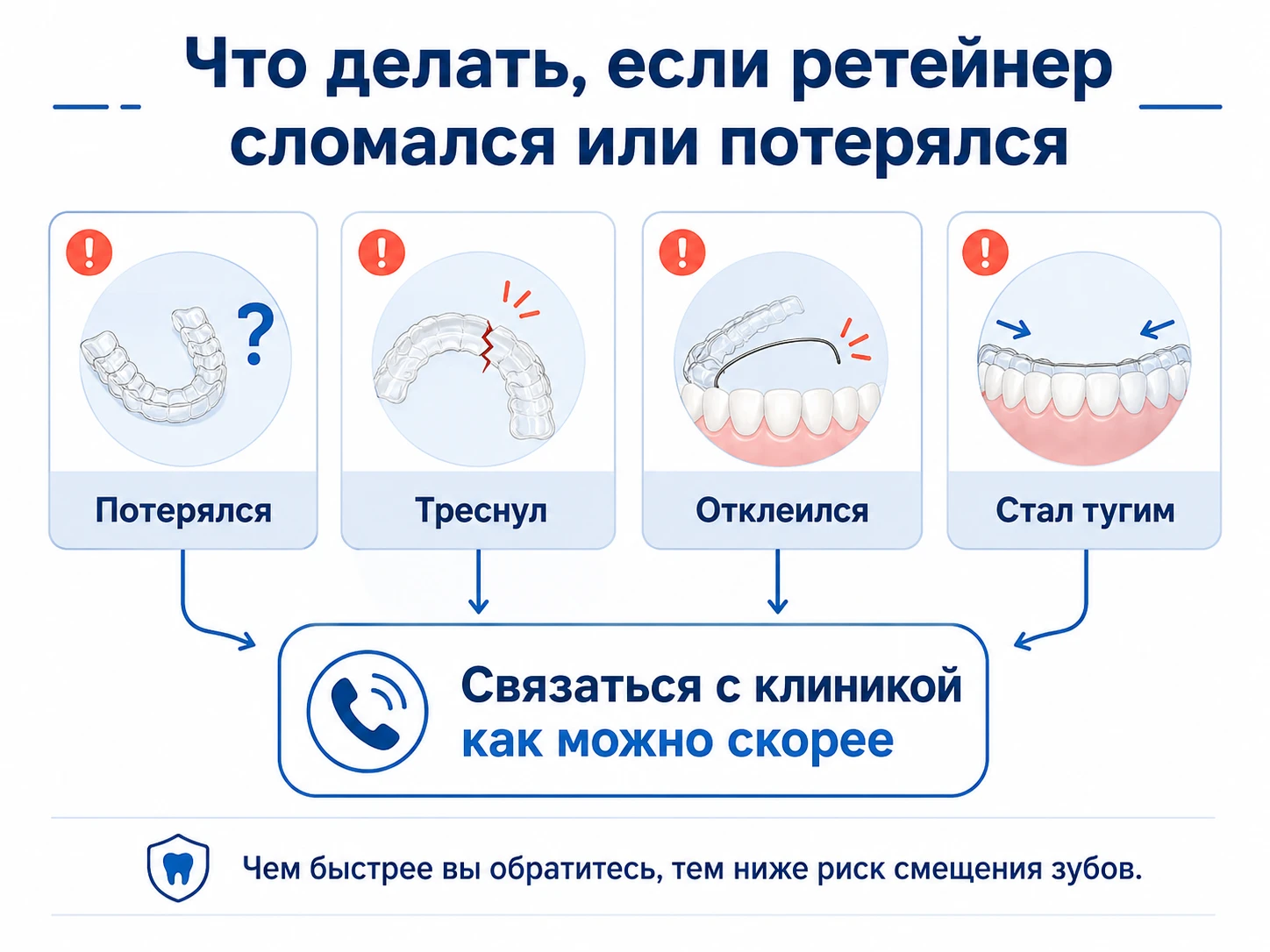 Чек-лист действий при поломке или потере ретейнера после брекетов