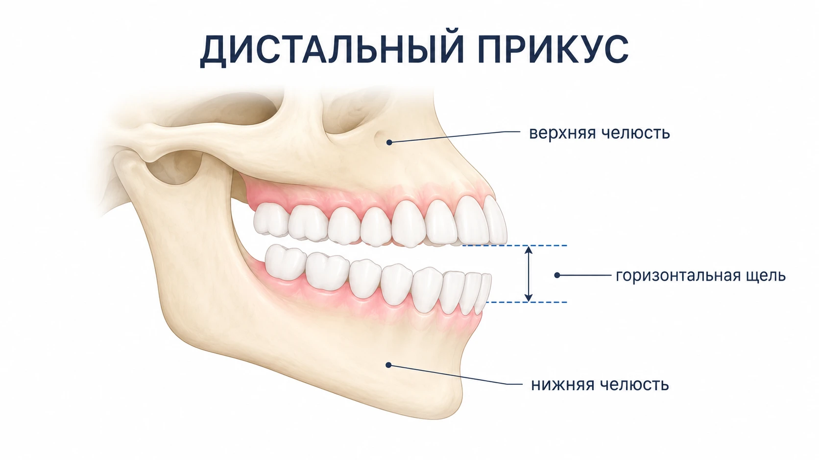 Схема дистального прикуса: верхние резцы расположены впереди нижних