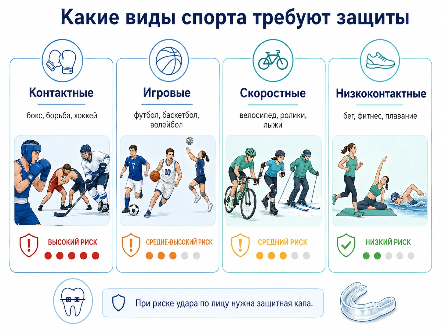 Группы видов спорта по риску травм при брекетах