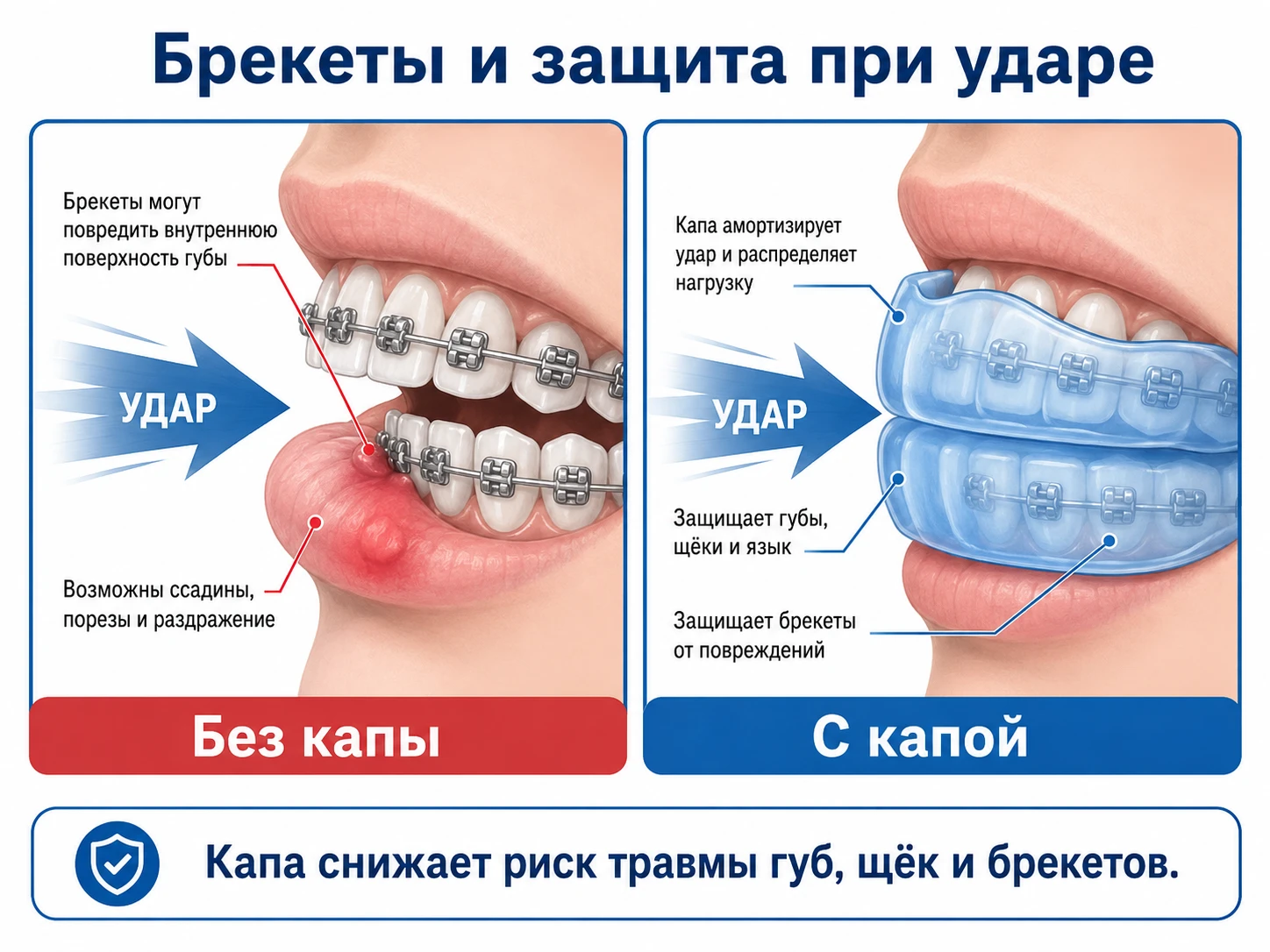 Как защитная капа снижает риск травм при брекетах