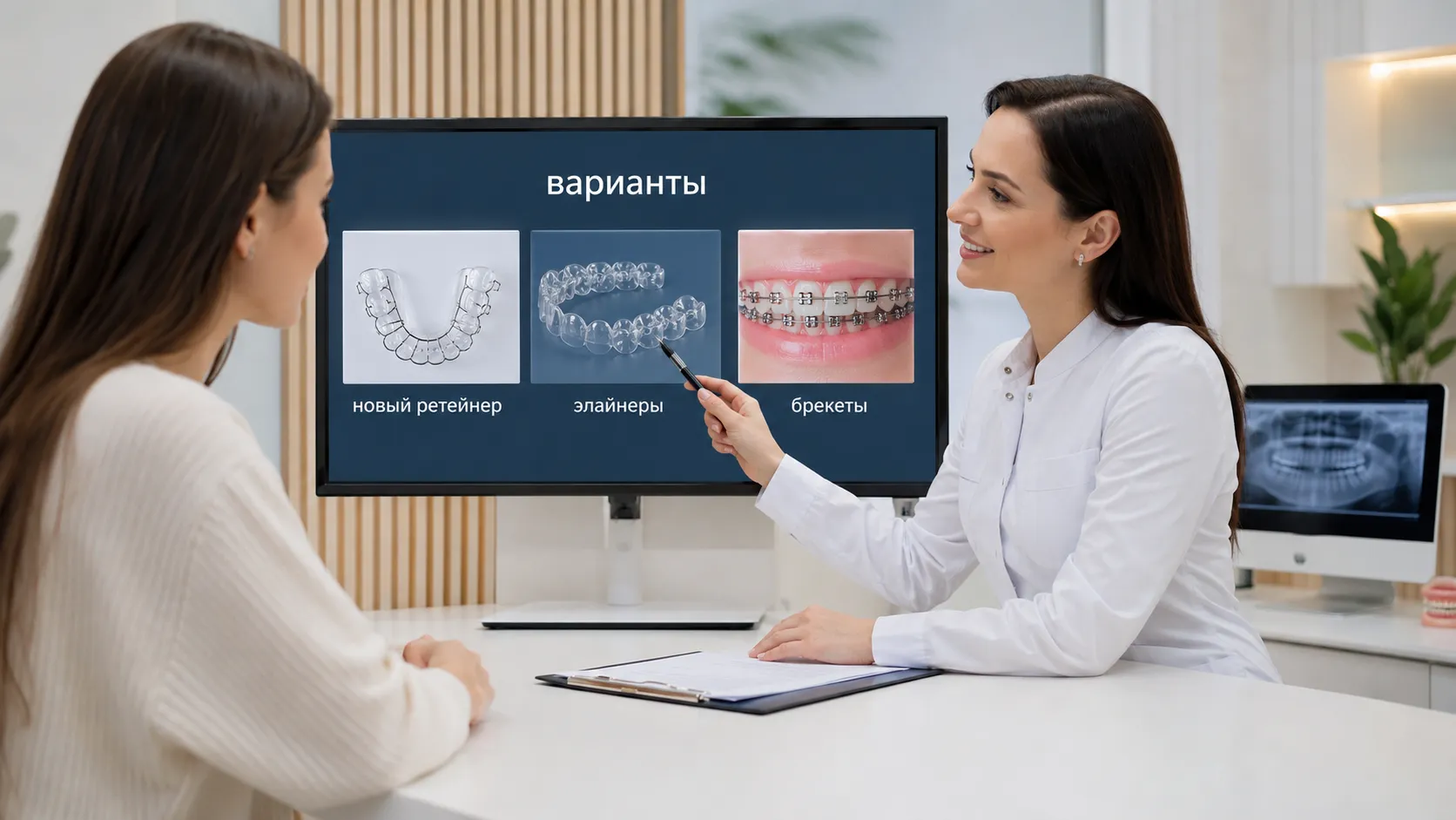 Врач сравнивает варианты повторного лечения: ретейнер, элайнеры и брекеты